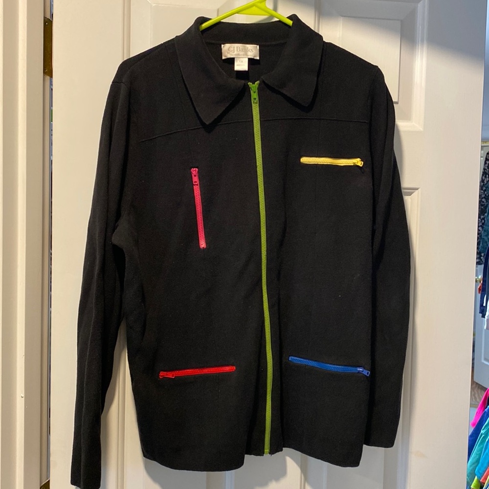 Black zip front sweater, 1X, CJ Banks